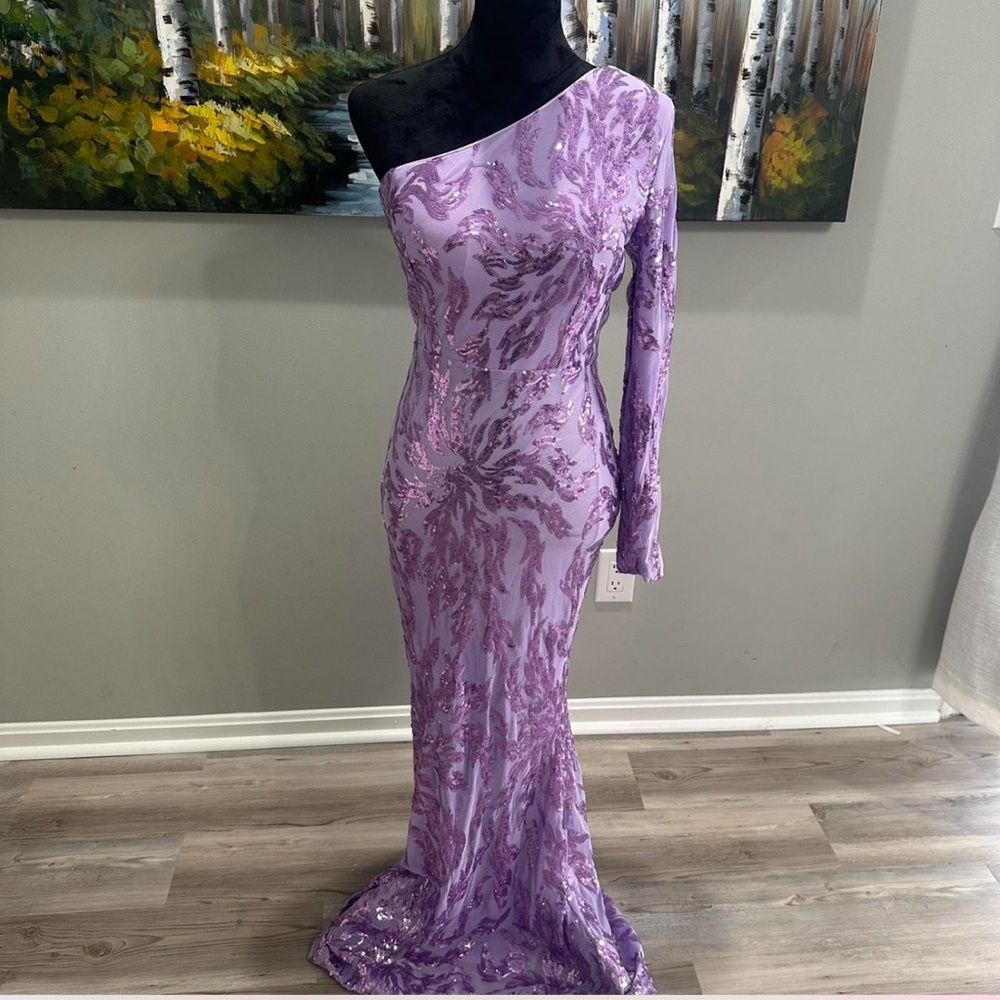 One-Shoulder Lavender Sequin Evening Gown